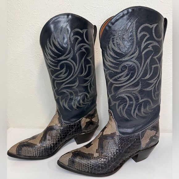 Tony Lama Shoes - Vintage Tony Lama Snakeskin Navy Blue Leather Cowboy Boots Size 6.5 EUC
